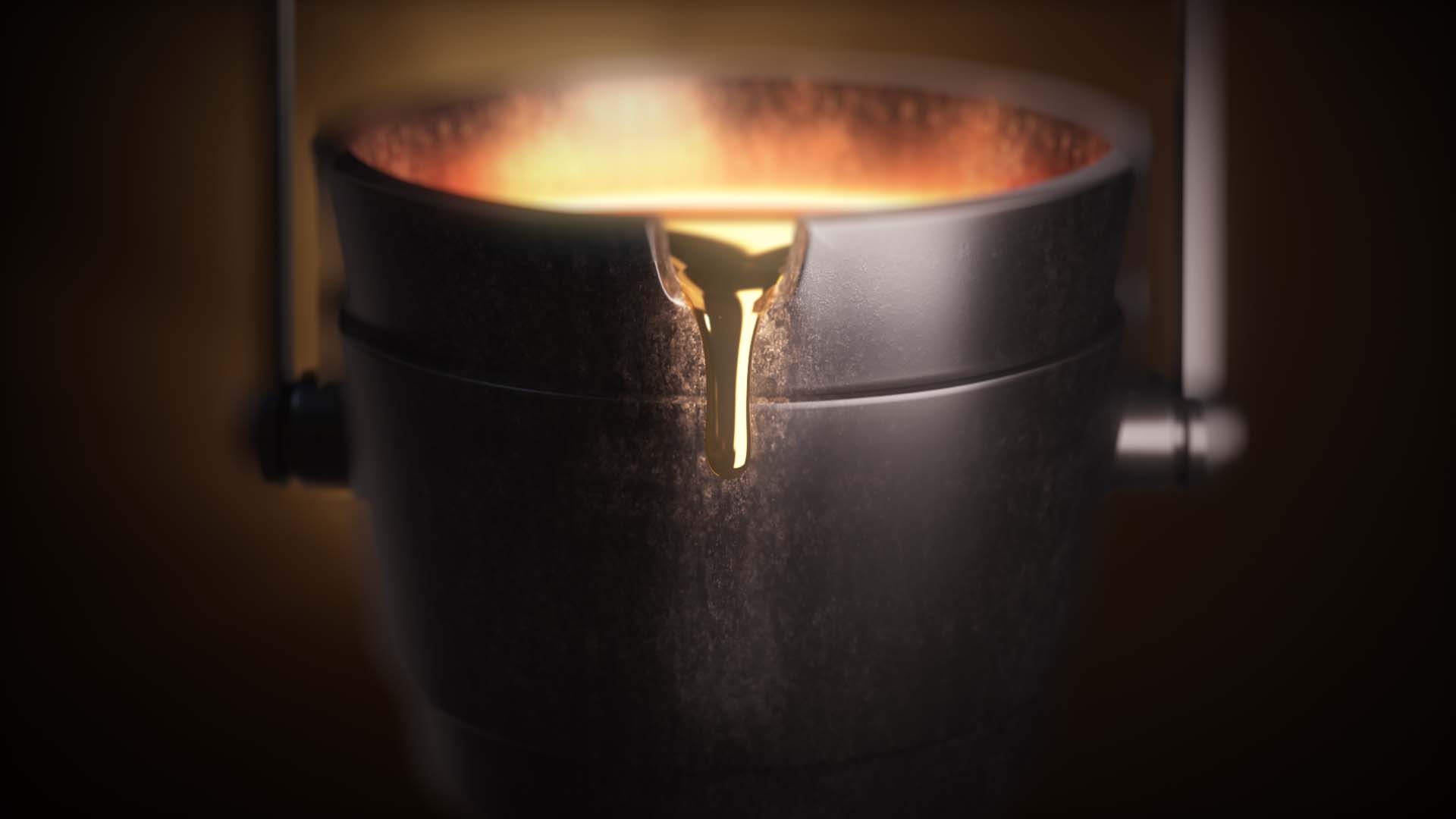 3D animated cast-iron bucket with liquid gold pouring from its spout.