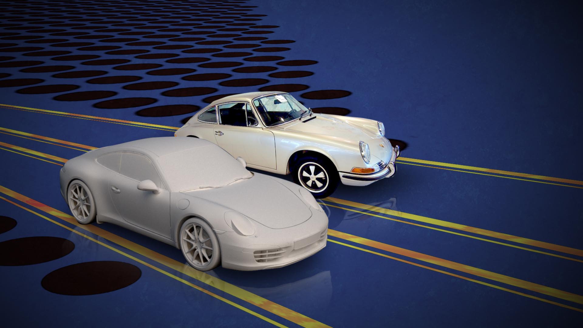 A 3D model of a Porsche next to a real Porsche from the 60's