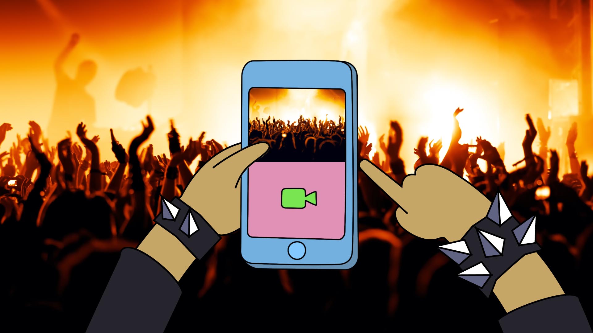 A 2D animated phone capturing a live-action video at a rock concert