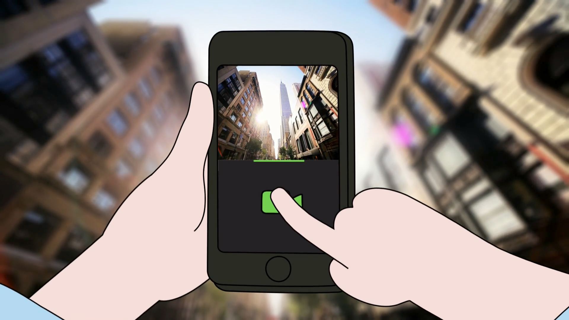 A 2D animated phone capturing a live-action video of a city scene