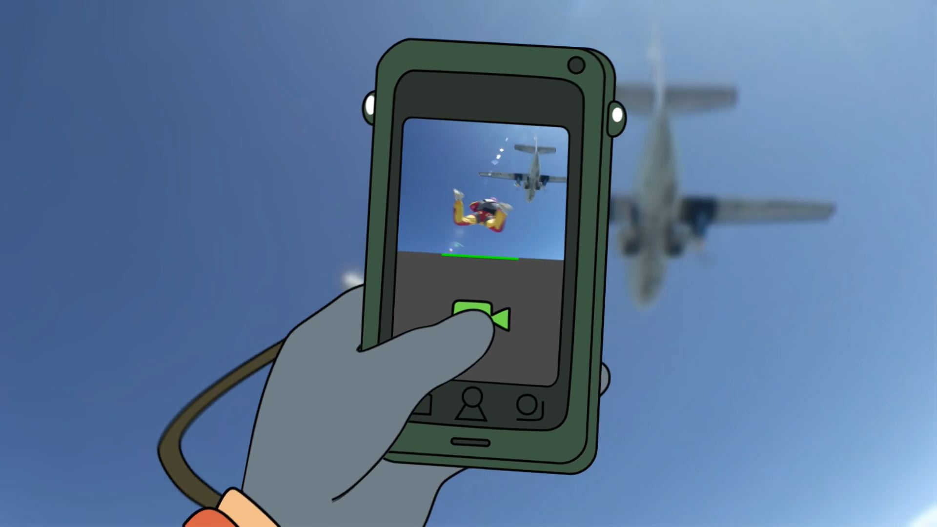 A 2D animated phone capturing a live-action video of skydiving