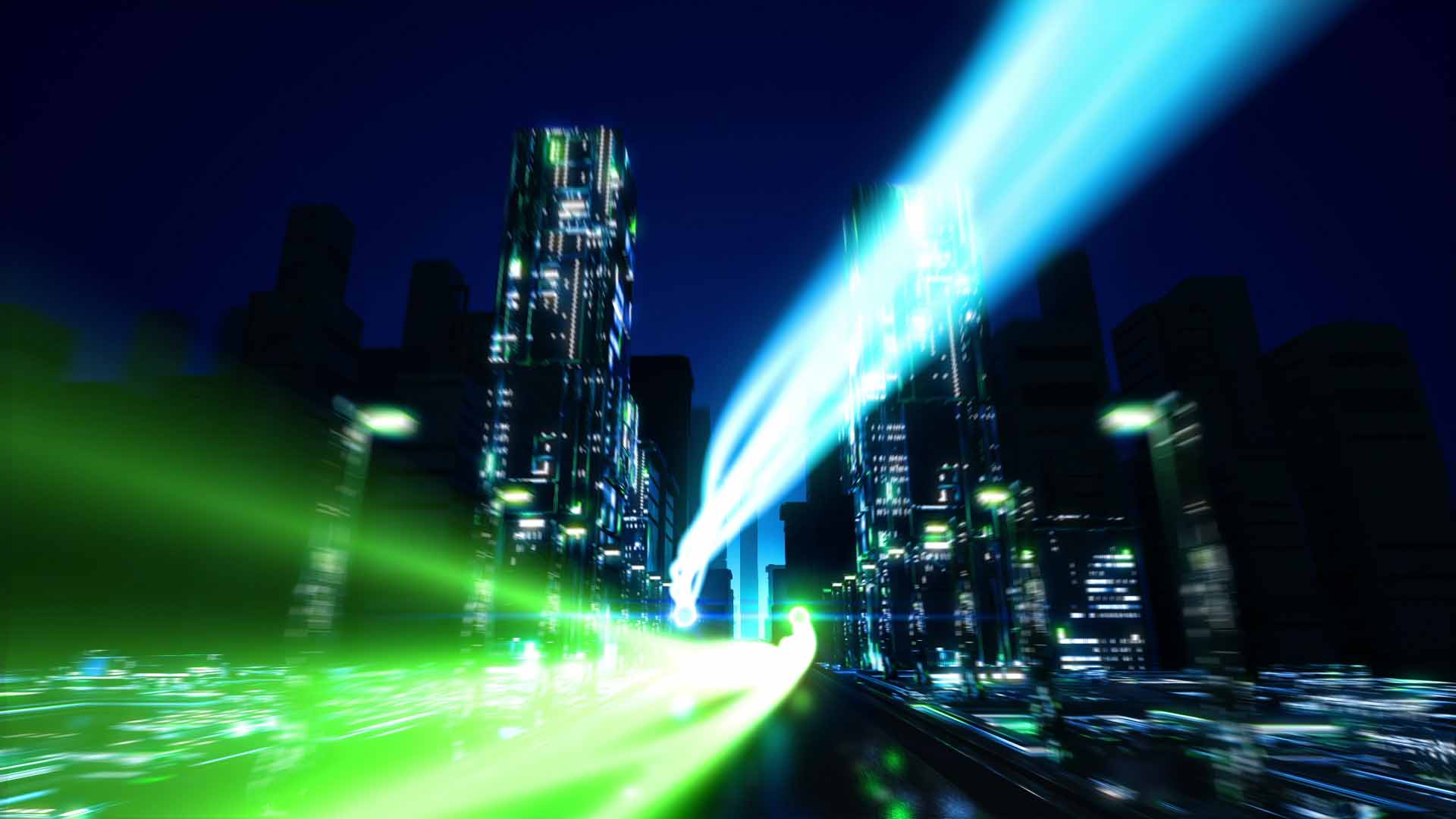 Two animated glowing spheres fly through a futuristic city