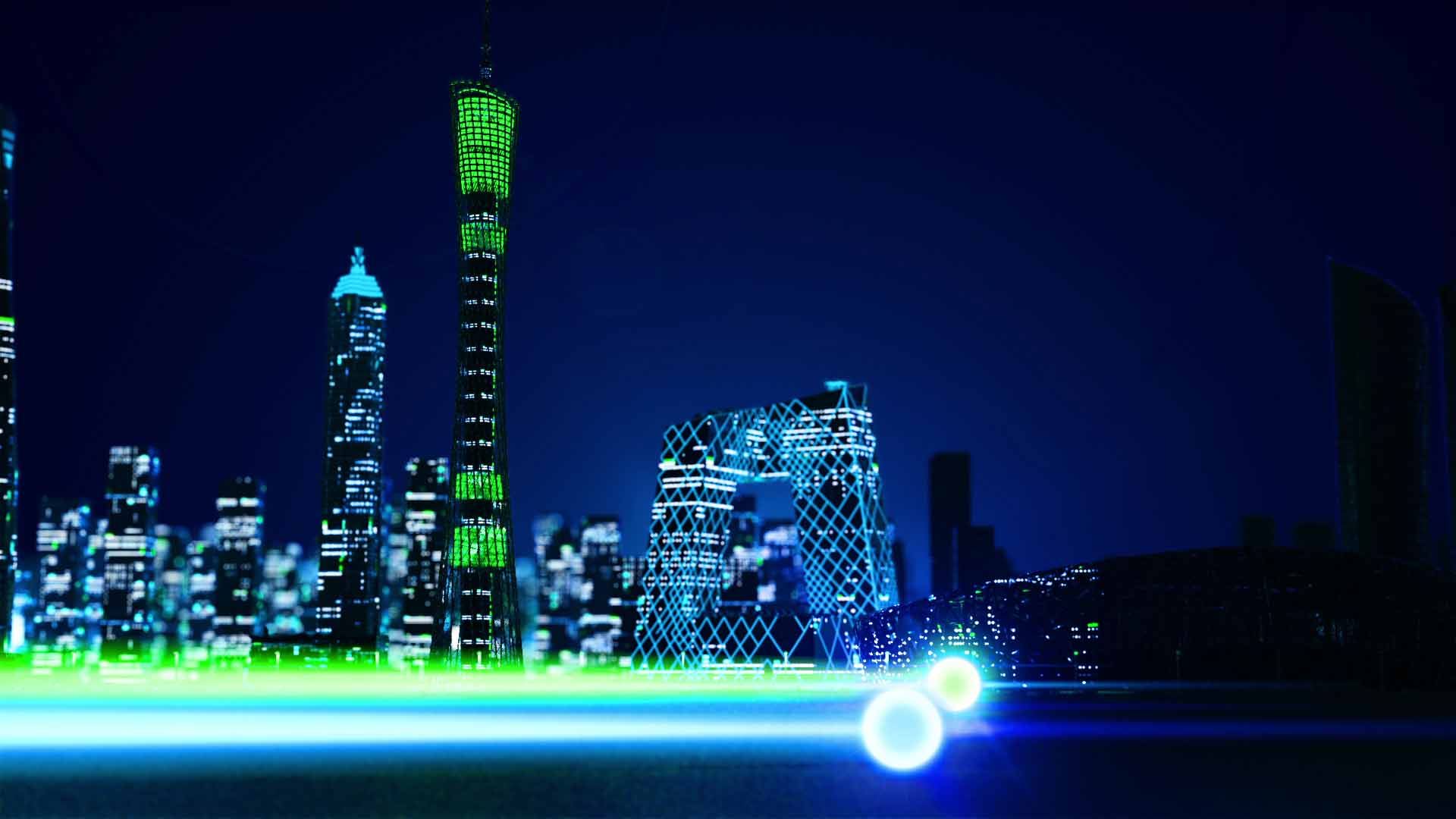 Two animated glowing spheres with light trails fly past Chinese landmarks