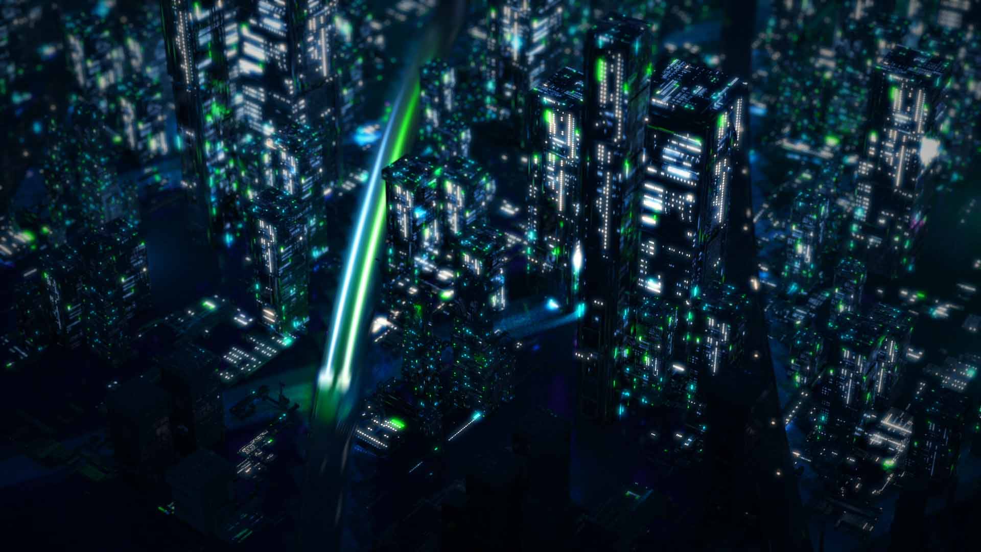 Two animated spheres with light trails fly through a futuristic city