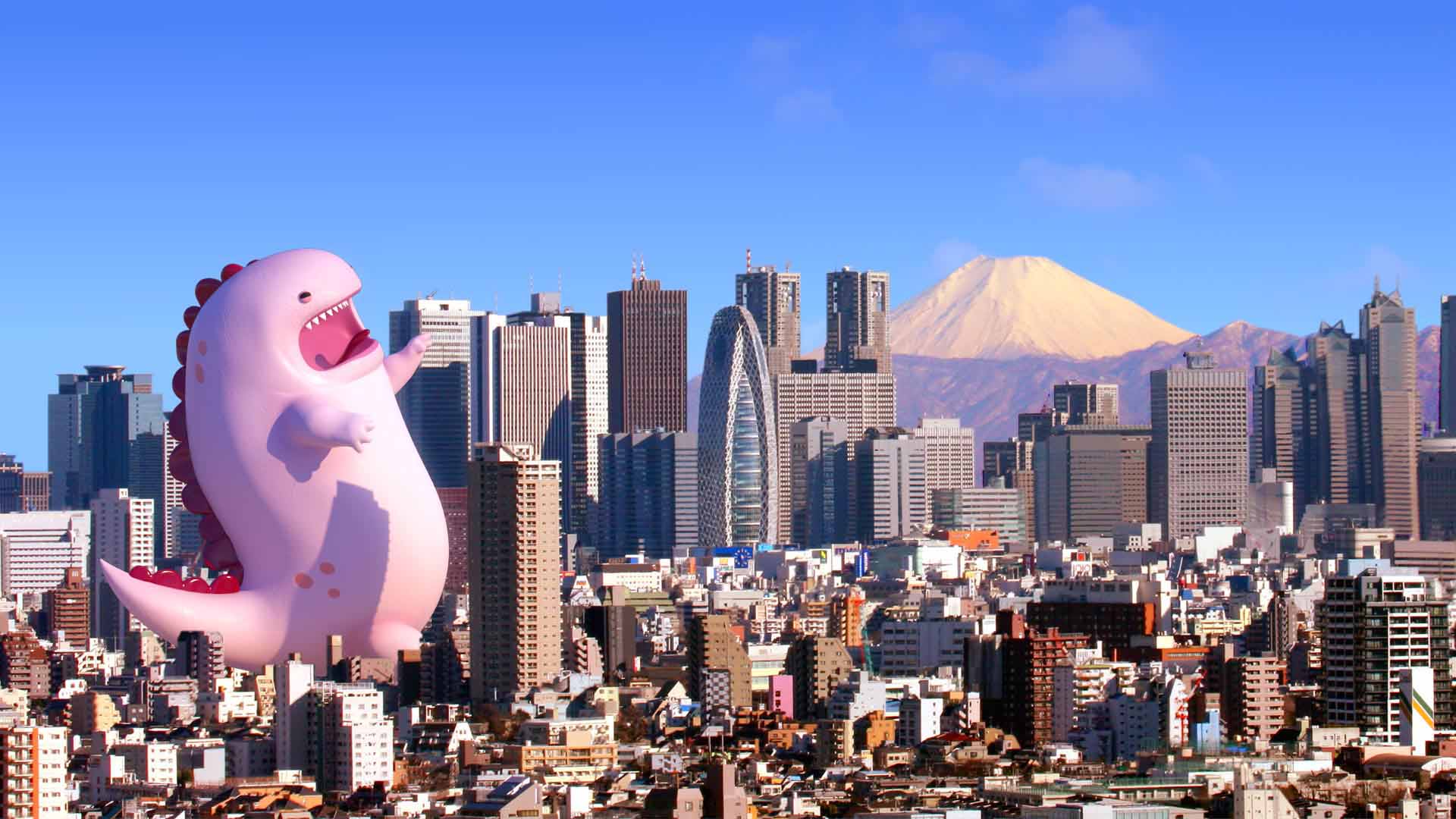 3D animation of a giant pink monster walking through Tokyo