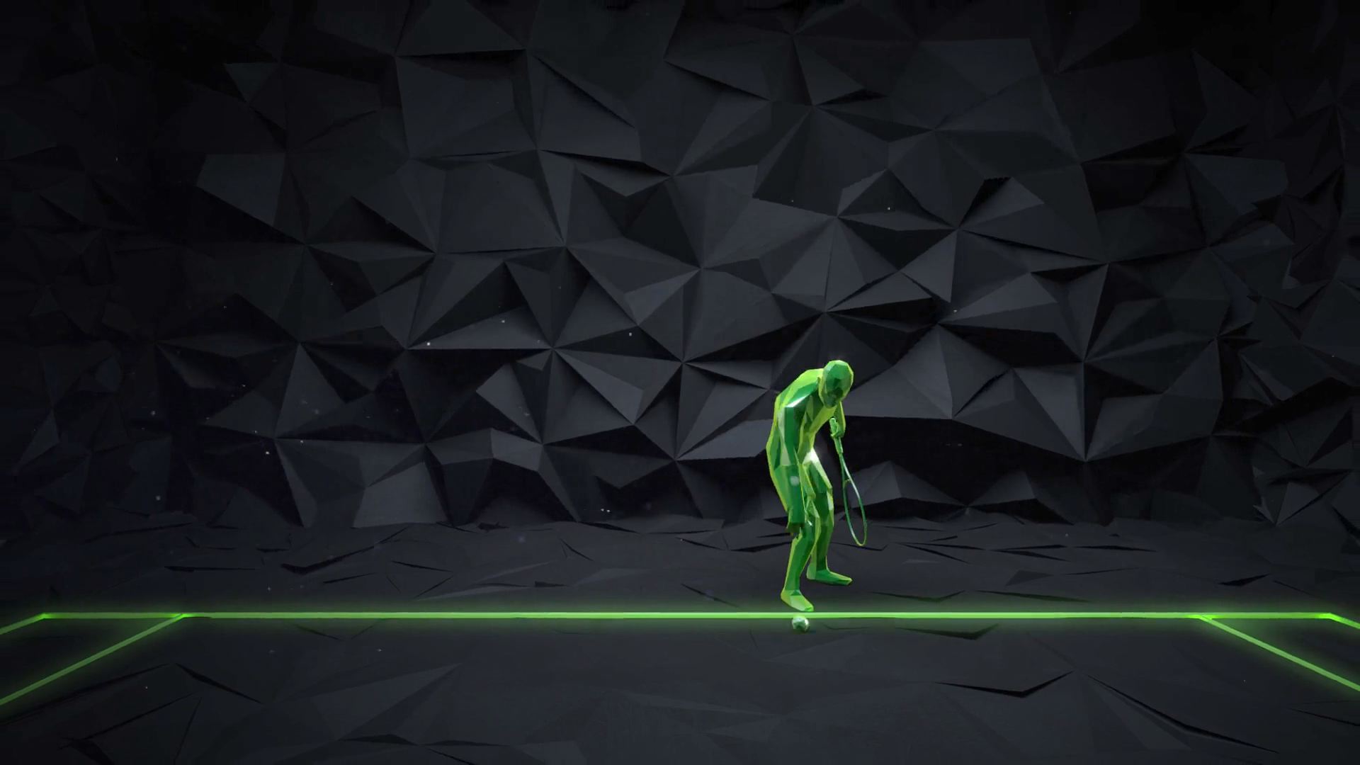 3D animated tennis player bouncing the ball.