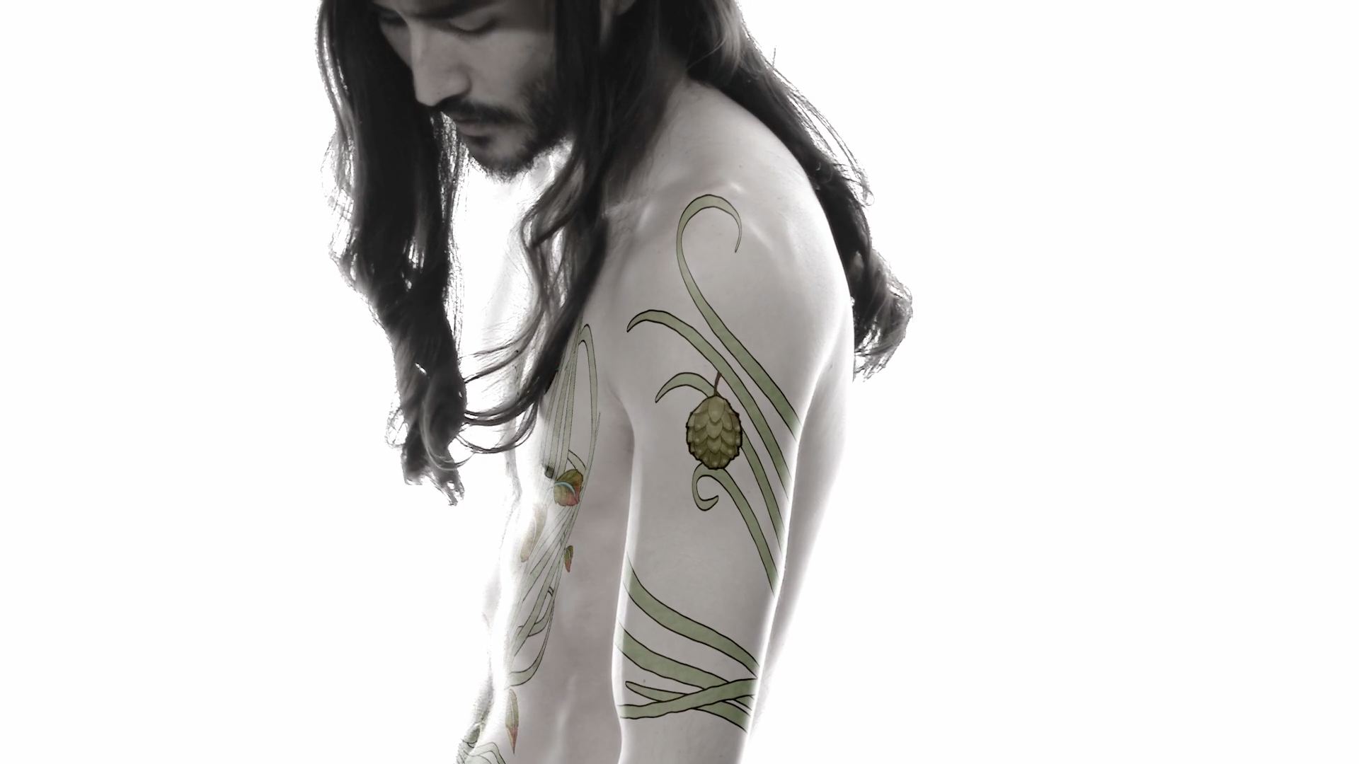 A male model with animated tattoos.