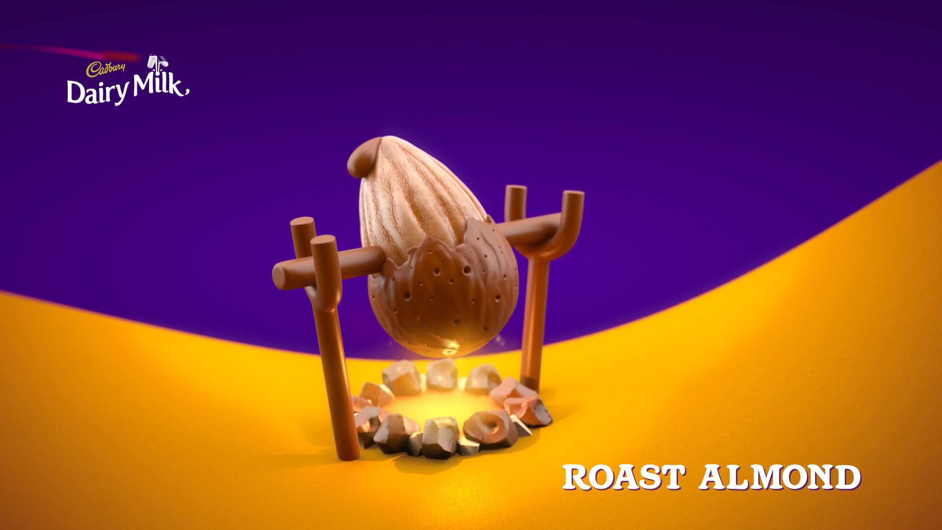 3D animated almond roasting over a fire pit